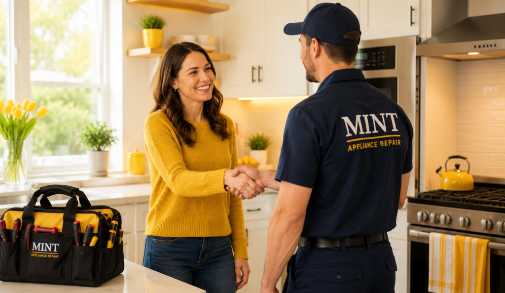 Mint Appliance Repair in Denver, CO - technician greeting a customer in a kitchen