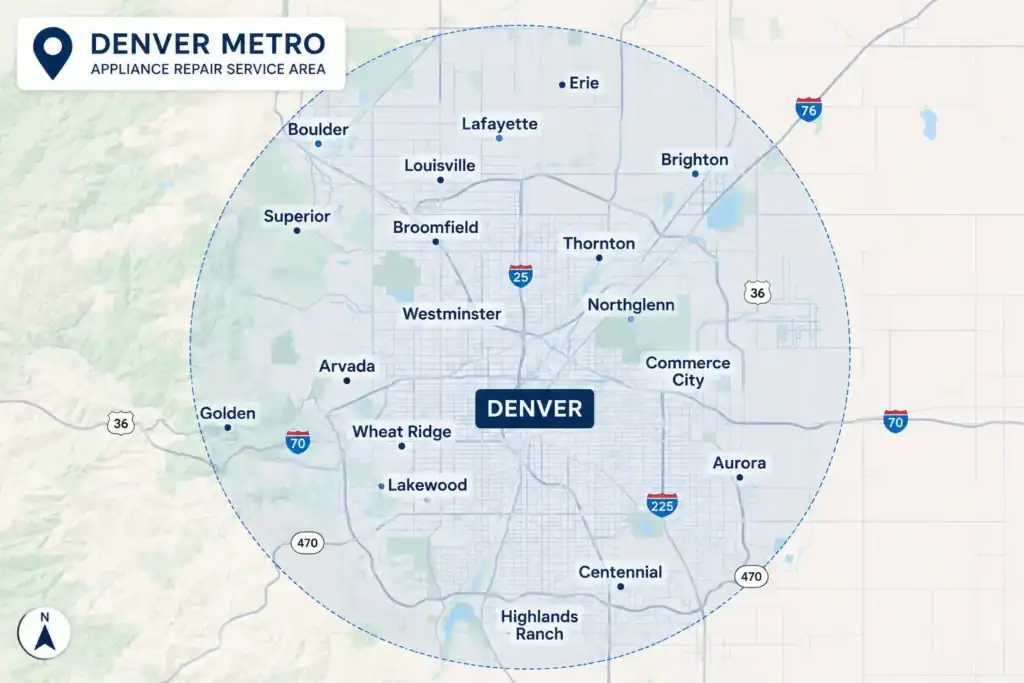Mint Appliance Repair service area map covering Denver, Boulder, Broomfield, Westminster, Thornton, Northglenn, Erie, Lafayette, Louisville, Superior, Brighton, Arvada, Lakewood, and nearby Colorado cities