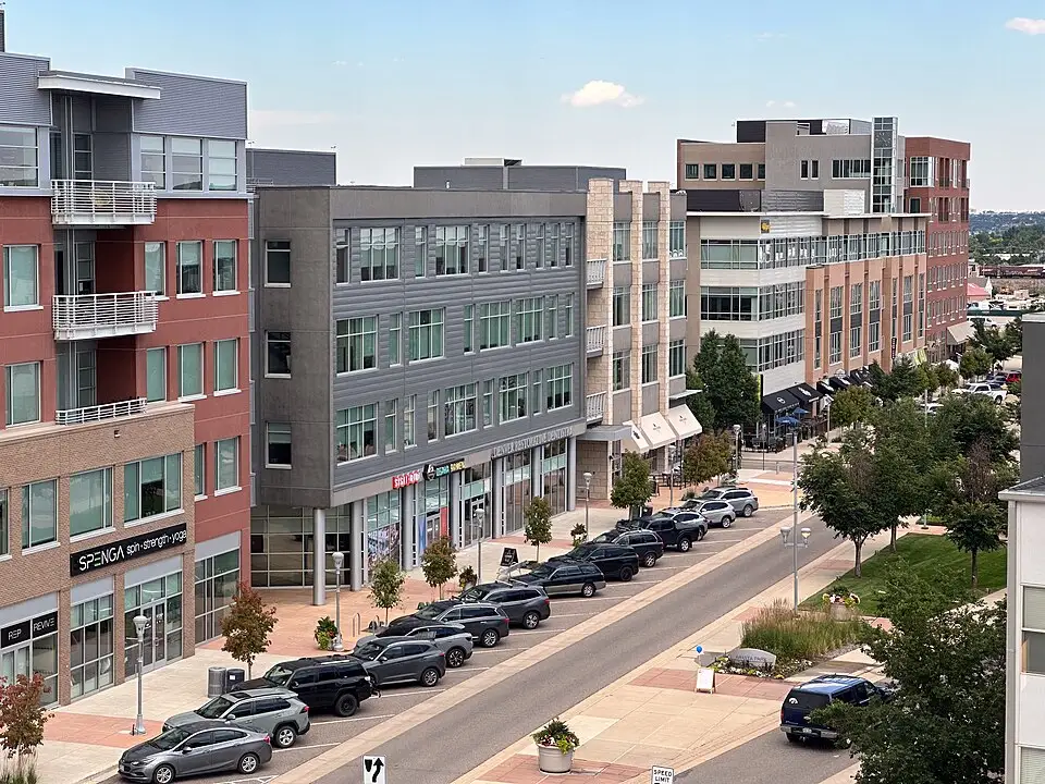 Arista Place in Broomfield, Colorado with modern buildings, shops, and residential streets
