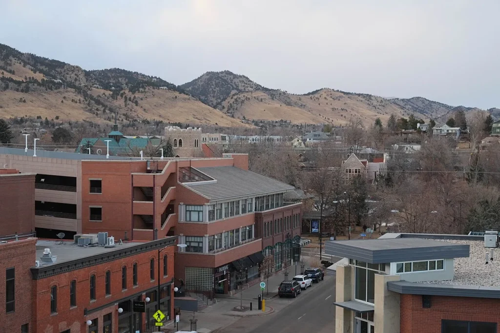 Downtown Boulder, Colorado with the foothills of the Rocky Mountains in the background